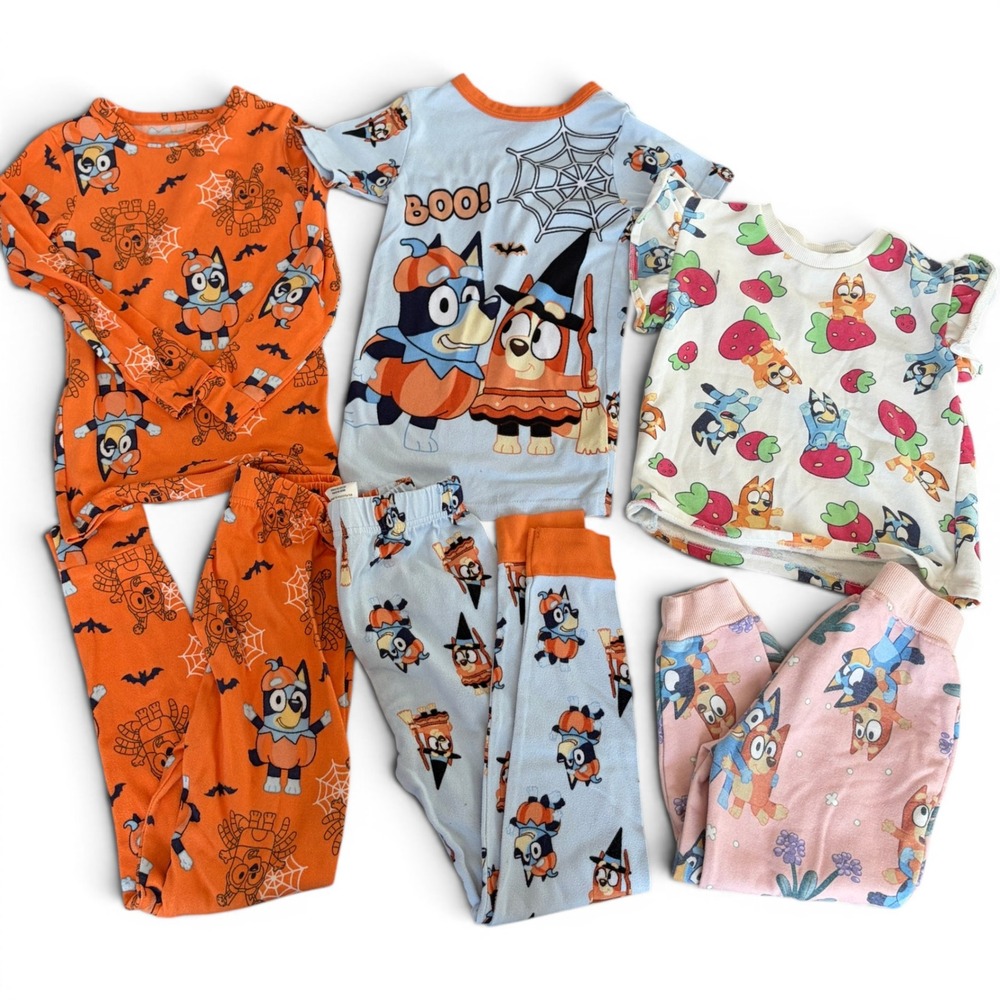 Bluey Halloween Shirt Pants Pajama Lot 3T 5T 7 Orange Blue Pink Kids PJs Set